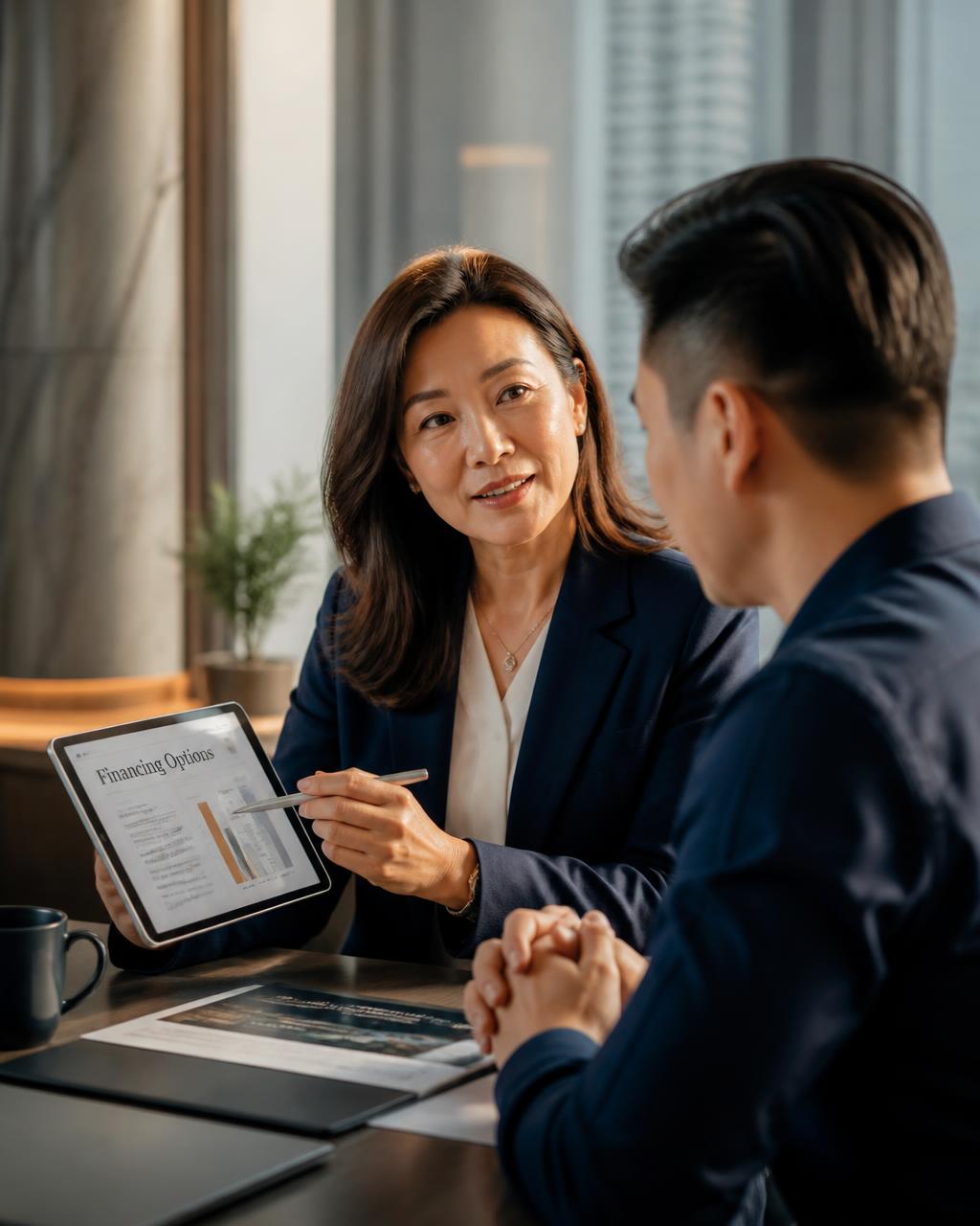 Two Singapore business professionals comparing financing offers